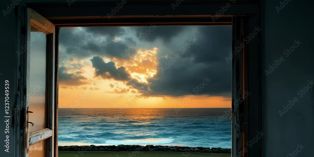 Sunrise over ocean seen through rustic window in tranquil coastal scene Sunrise over ocean seen through rustic window in tranquil coastal scene