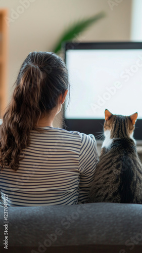 A young girl and her tabby cat are sitting next to each other on a couch, watching television in a quiet home environment.