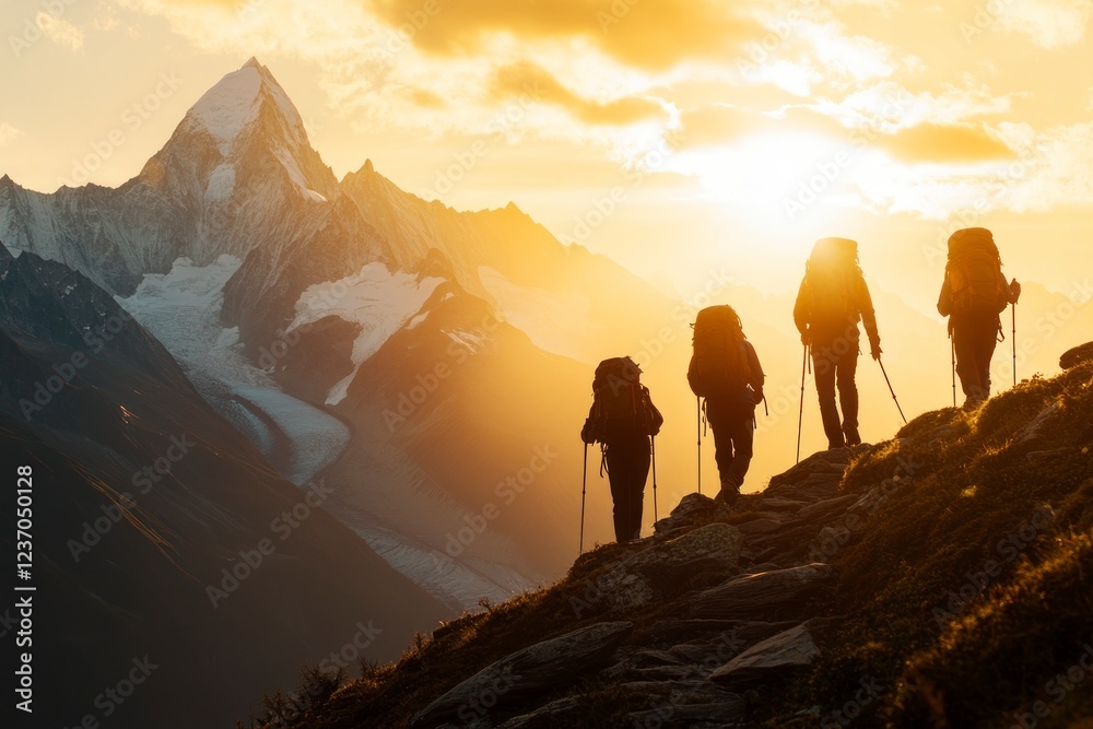 Silhouettes of hikers with backpacks against the backdrop of mountains at sunset. A group walks along an ancient path, climbing to high mountain peaks. Silhouettes of hikers with backpacks against the backdrop of mountains at sunset. A group walks along an ancient path, climbing to high mountain peaks.