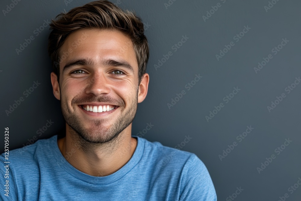 Obraz premium Handsome Smiling Man in a Casual Blue Shirt Against a Neutral Background. Generative AI.