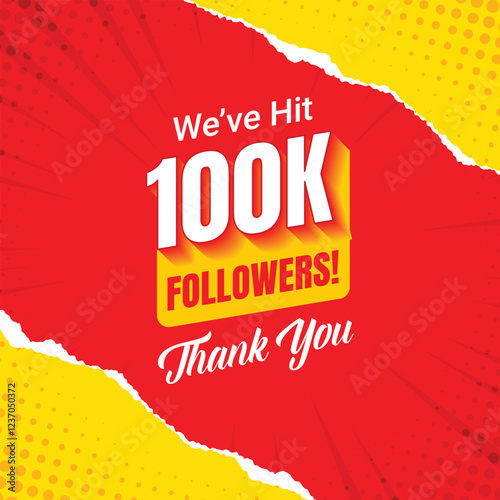  100k social media followers and subscribers template, greeting banner for fans, vector background for achievement celebration template, five thousands followers and subscribers with red background