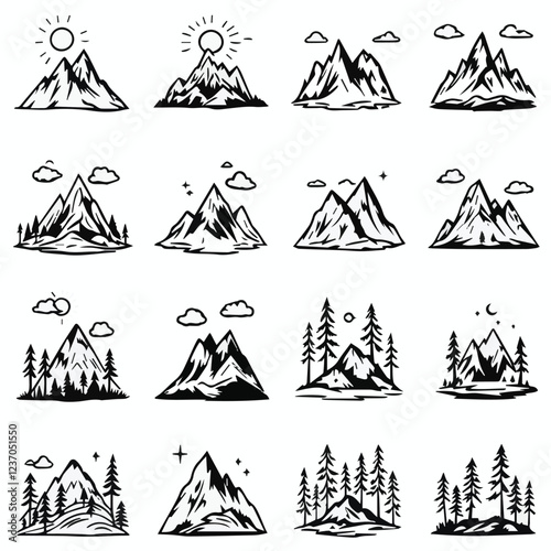 illustration of a set of icons - mountains, mountain, sun, clouds, trees, landscape