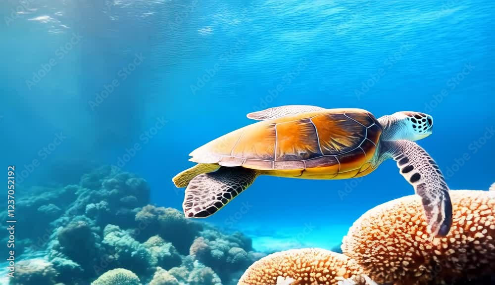 Majestic sea turtle glides gracefully through vibrant coral reef under sunlit ocean waters