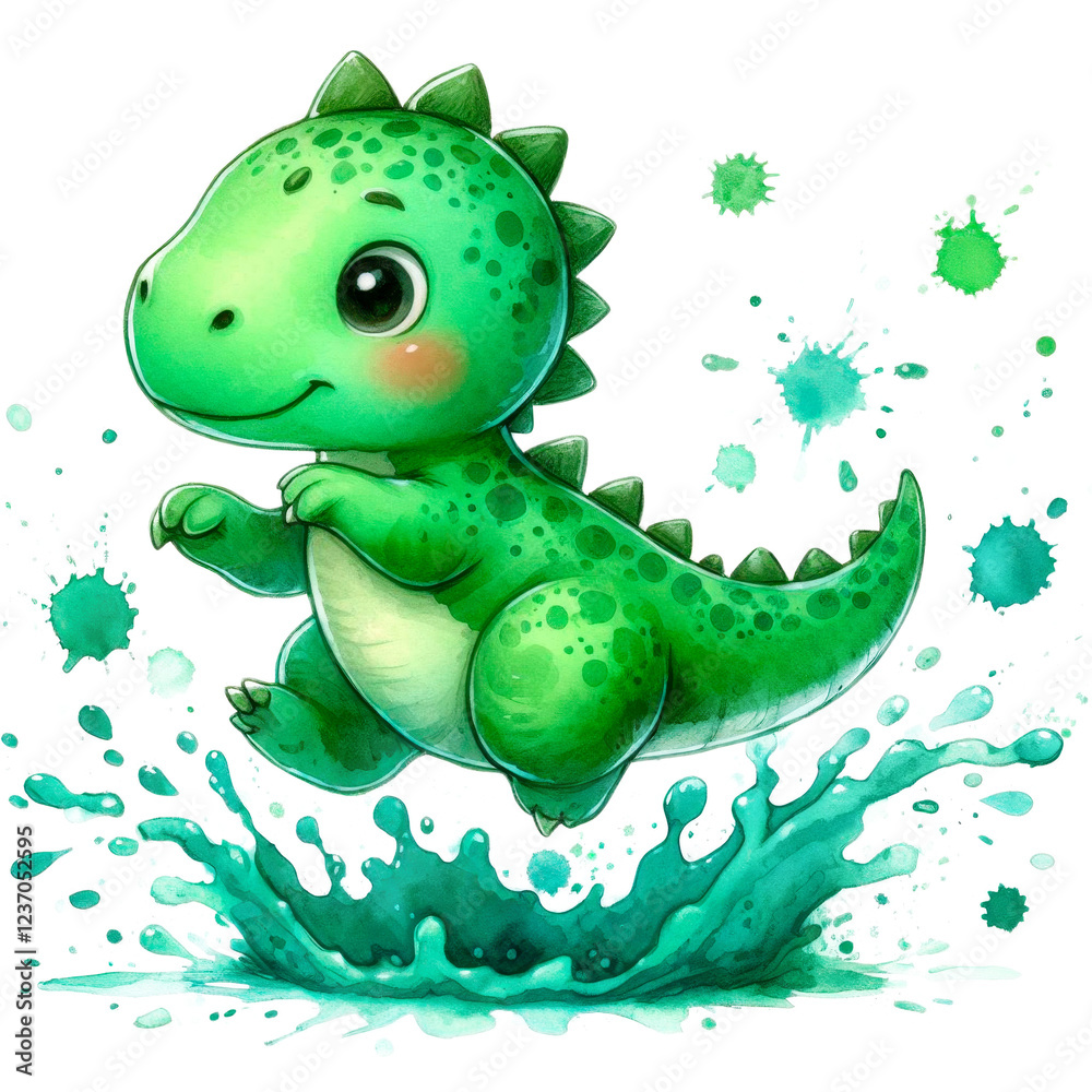 Fototapeta premium watercolor illustration of a cute dinosaur jumping and having fun, featuring splashes and splatters isolated on a transparent background
