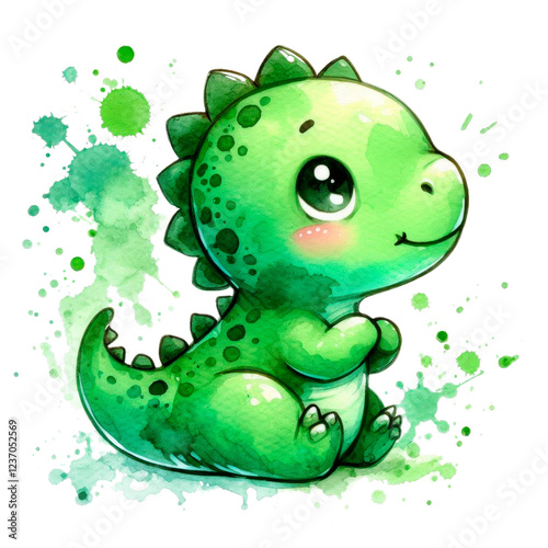 watercolor illustration of a cute dinosaur sitting and looking up, featuring splashes and splatters isolated on a transparent background