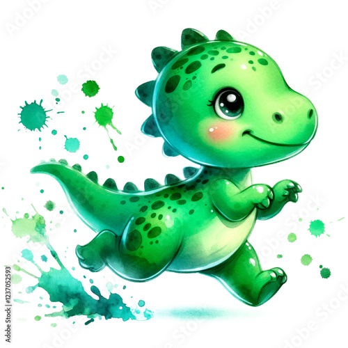 watercolor illustration of a cute dinosaur running, featuring splashes and splatters isolated on a transparent background