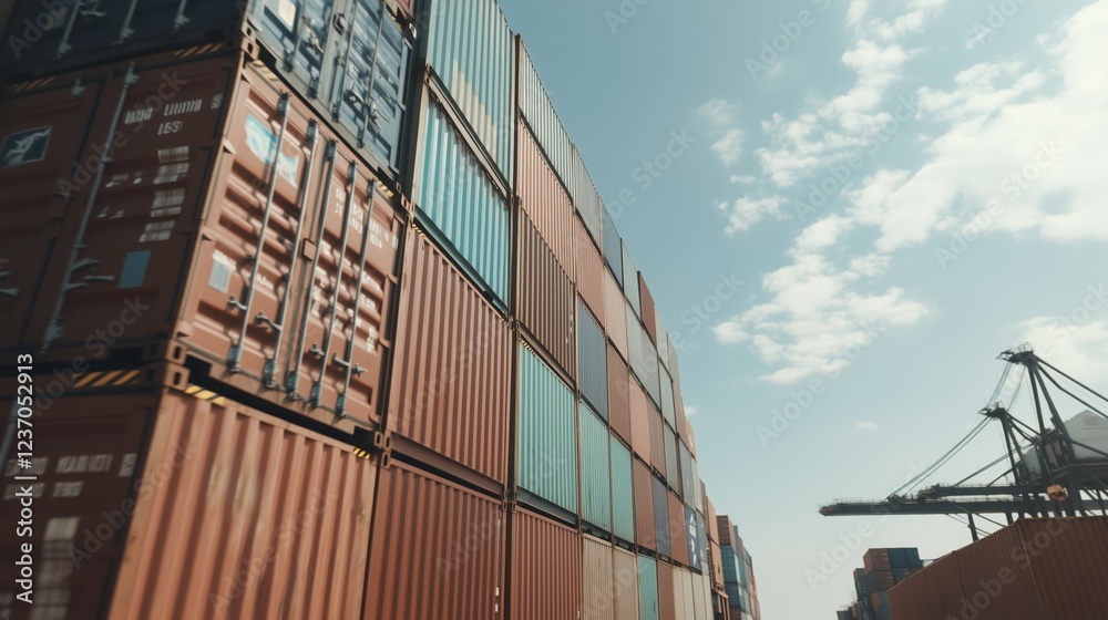 Fototapeta premium Containers stacked high in a busy port under a bright sky during daytime operations