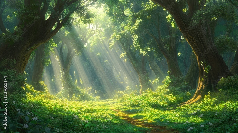 Fototapeta premium Sunlit Path Through Lush Green Forest Canopy