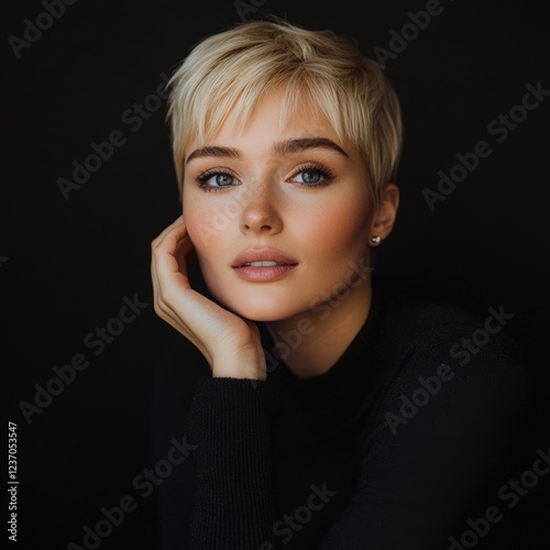 Elegant Blond Woman with Short Hair Posing Against a Dark Background. Generative AI.