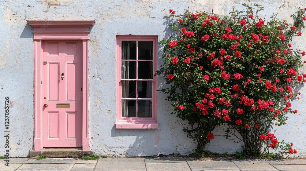 Pink Door and Climbing Roses on a Weathered Wall Pink Door and Climbing Roses on a Weathered Wall