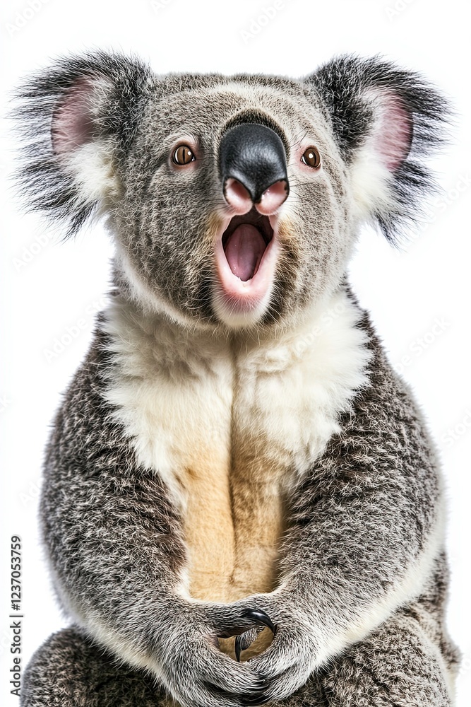 Obraz premium Koala displays unique expression while sitting against plain background