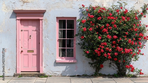 Pink Door and Climbing Roses on a Weathered Wall
