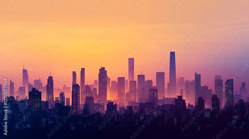 Fototapeta premium City Skyline at Sunset Glowing Hues of Orange and Purple