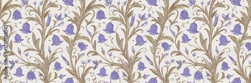 Repeating floral pattern with bluebell-like flowers and green foliage against a white background.