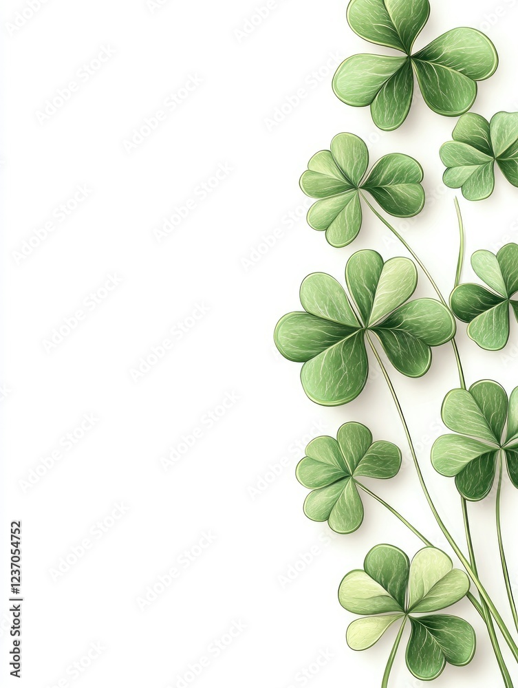 Caption: Pattern of fresh green clover leaves on a white background with copy space, symbolizing luck and nature. Caption: Pattern of fresh green clover leaves on a white background with copy space, symbolizing luck and nature.