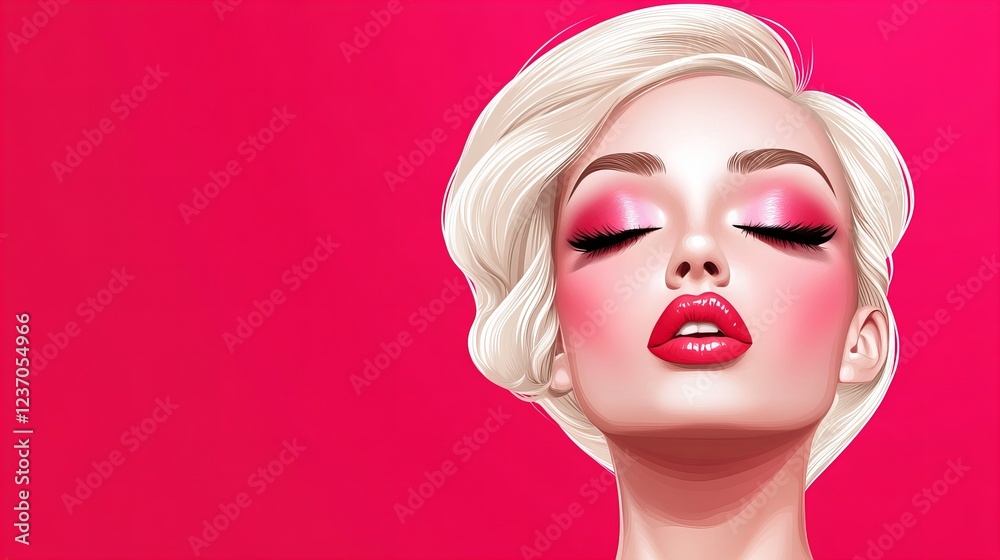 Close-up of a glamorous woman with platinum blonde hair and bright makeup against a vibrant pink backdrop. Close-up of a glamorous woman with platinum blonde hair and bright makeup against a vibrant pink backdrop.