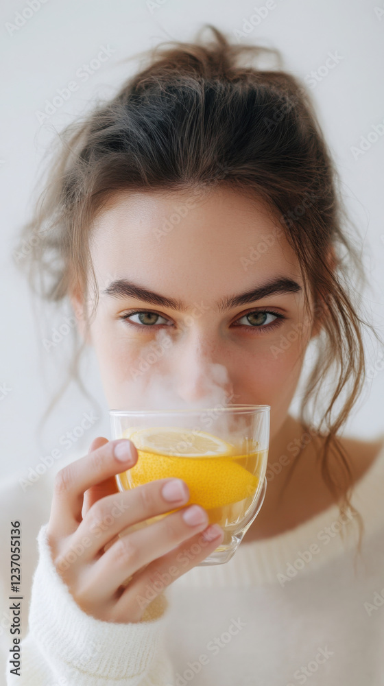 Cozy winter concept with a young woman enjoying a refreshing cup of hot lemon drink Cozy winter concept with a young woman enjoying a refreshing cup of hot lemon drink