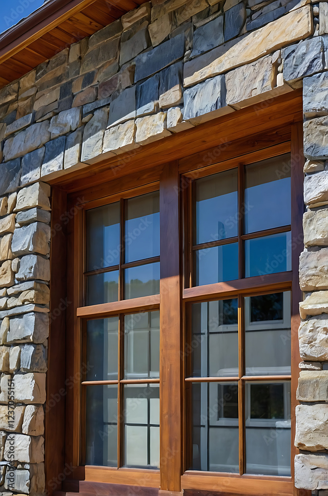 Obraz premium Elegant Rustic Home Exterior: A Showcase of Stone and Wood Architecture. The exquisite craftsmanship is evident in the meticulously designed window and stonework, creating a timeless appeal.