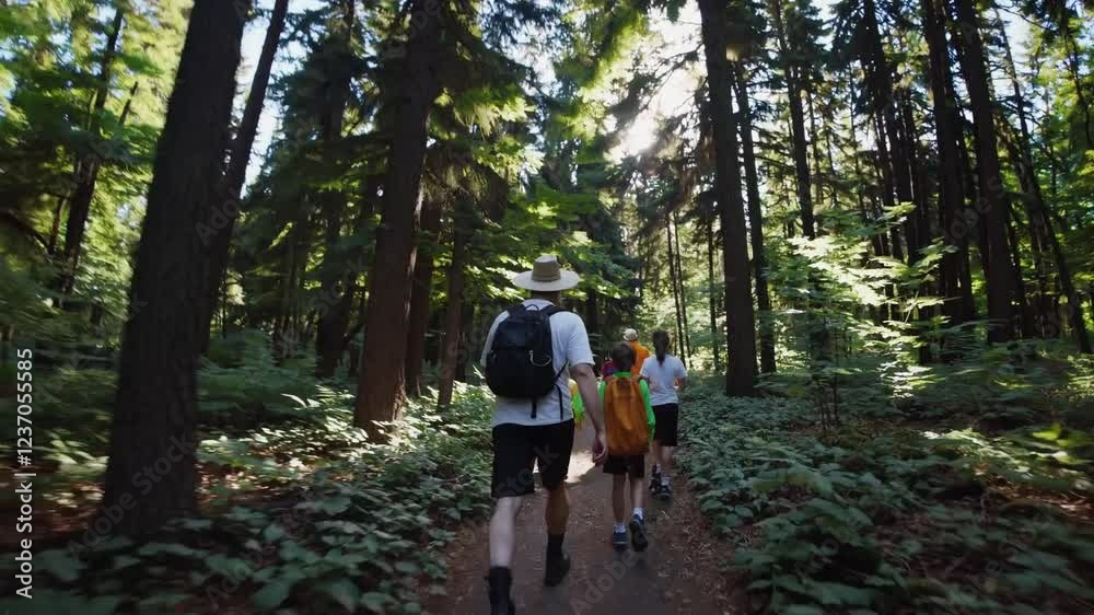 Group of Hikers Exploring a Lush Forest Trail Group of Hikers Exploring a Lush Forest Trail