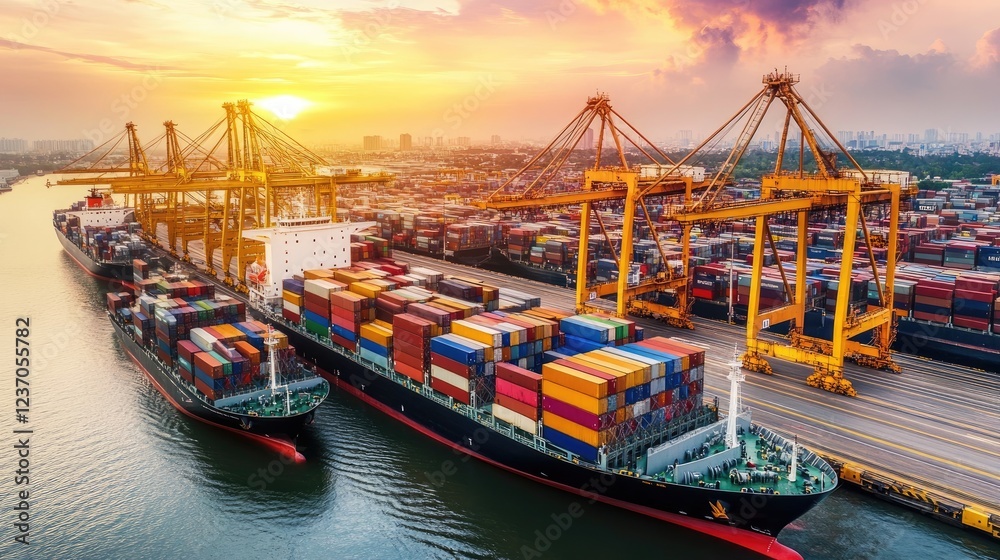 Fototapeta premium Container Ships and Cranes at Sunset in Busy Port