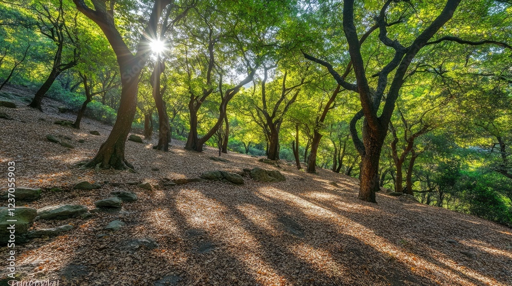 Naklejka premium Sunlit Forest Path Dappled Light Through Trees