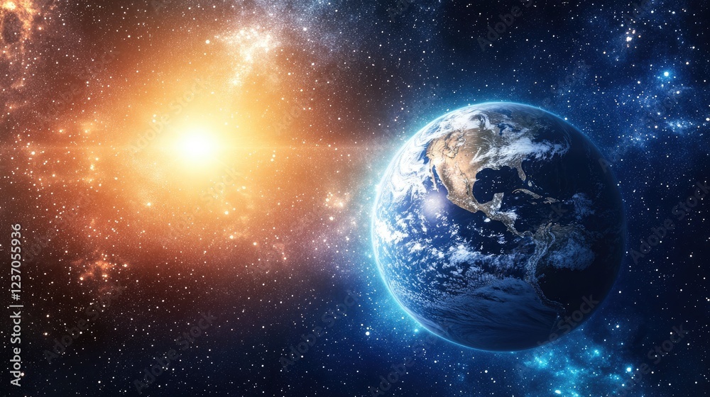 Fototapeta premium Earth Planet In Space With A Bright Star