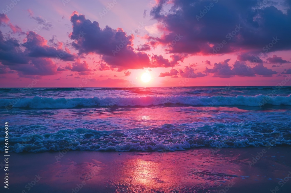 Fototapeta premium Colorful hues of pink, purple, and orange reflect on gentle ocean waves, creating a serene atmosphere during the evening twilight along the coastline.