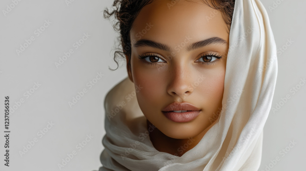 Elegant beauty portrait of a model with hair wrapped in silk scarf Elegant beauty portrait of a model with hair wrapped in silk scarf