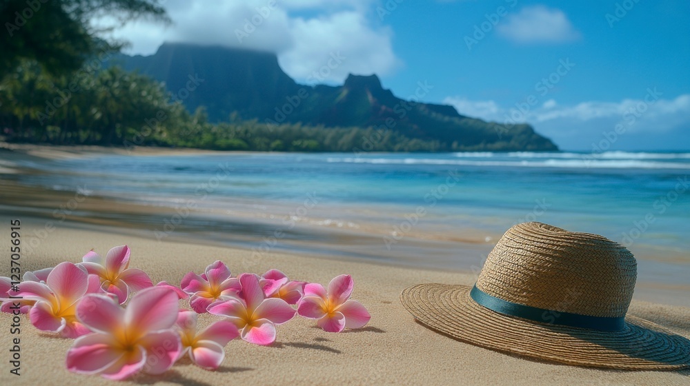 Beautiful beach with blue water and pink plumeria flowers lying on the sand, a straw hat in the foreground, on a sunny day. Beautiful beach with blue water and pink plumeria flowers lying on the sand, a straw hat in the foreground, on a sunny day.