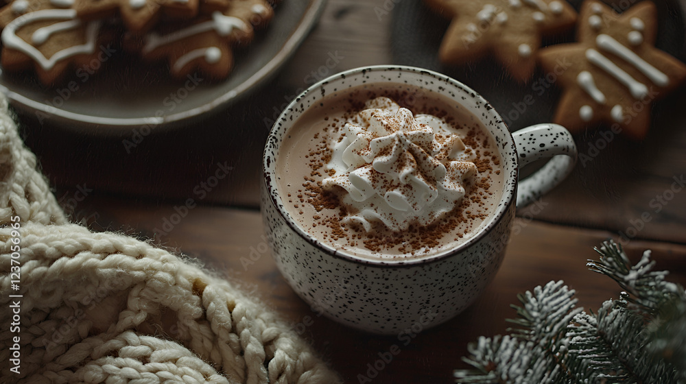Cozy winter scene: warm drink topped with whipped cream and cinnamon, alongside star-shaped cookies and a knitted scarf. Cozy winter scene: warm drink topped with whipped cream and cinnamon, alongside star-shaped cookies and a knitted scarf.