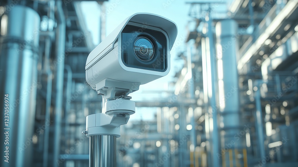 A white 3D safety camera in a high-security area, mounted on a pole with an industrial background A white 3D safety camera in a high-security area, mounted on a pole with an industrial background