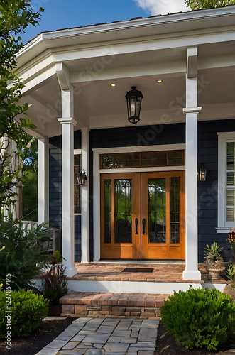 Elegant Home Exterior with Classic Porch and Double Wooden Doors. Beautiful Brick Pathway and Landscaping. Modern Architecture and Design.