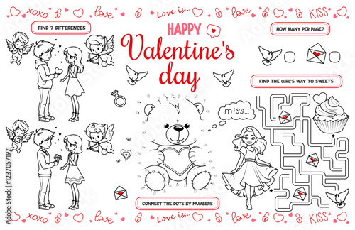 Festive placemat for children. Printable activity sheet "Happy Valentine's Day" with a labyrinth, connect the dots, and a coloring page. 17x11 inch printable vector file