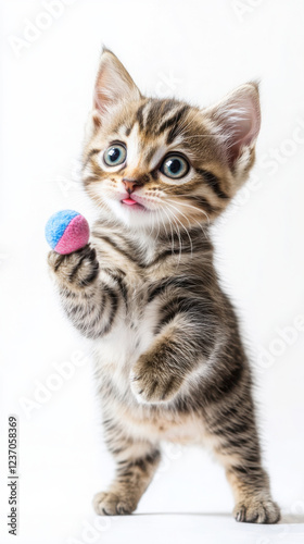 Playful kitten engaged with colorful toy ball in studio portrait