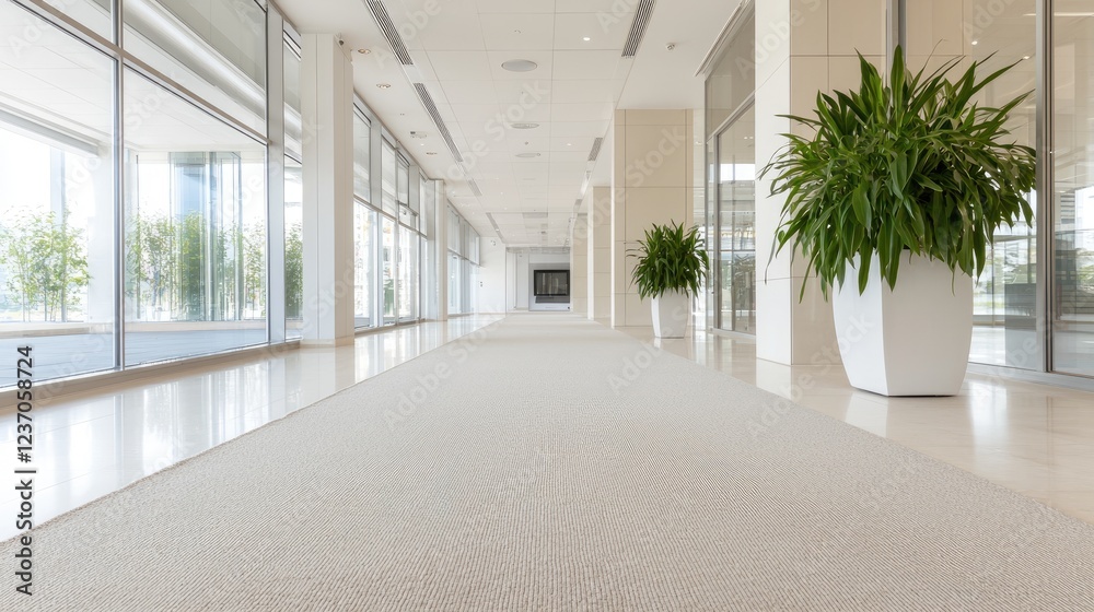 Fototapeta premium Bright and empty modern office corridor with large glass windows and green potted plants during daytime.