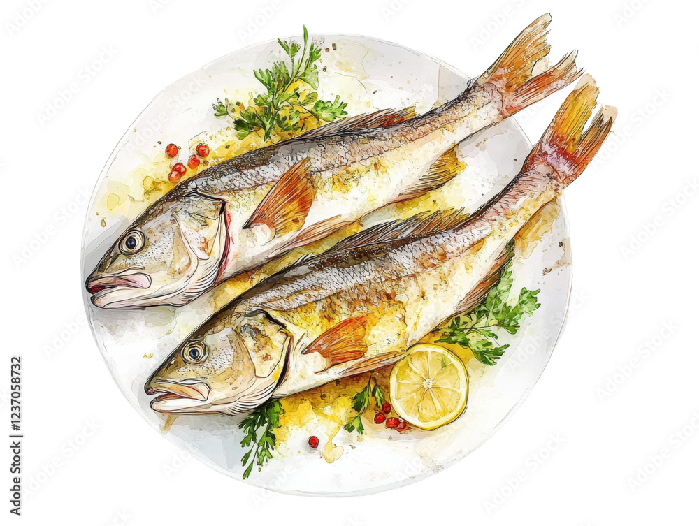 Cooked fish dish with garnish. White isolate background. Cooked fish dish with garnish. White isolate background.