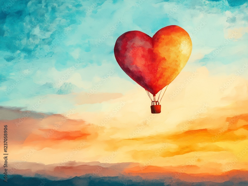 Fototapeta premium A Whimsical Journey: Heart-Shaped Hot Air Balloon Soaring Above a Breathtaking Landscape