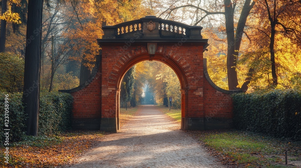 Obraz premium An enchanting brick archway surrounded by vibrant autumn foliage, welcoming visitors to a peaceful path in a picturesque park during fall.