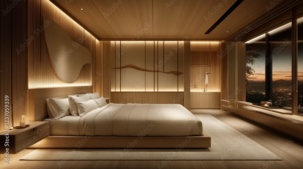 Naklejka premium Serene Minimalist Bedroom with Breathtaking Sunset View