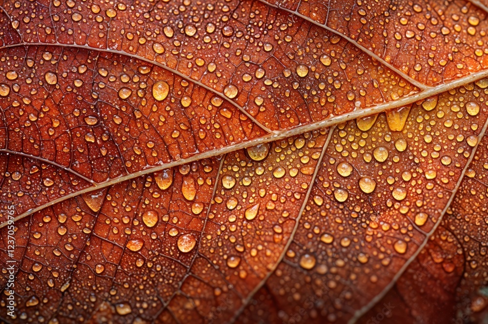 Fototapeta premium Early morning glimmers highlight droplets resting on a rich orange leaf, showcasing nature's artistry as autumn unfolds in a serene landscape.