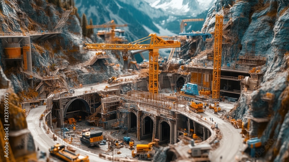 Obraz premium Mountainous Terrain Construction Site Model Displaying Extensive Development