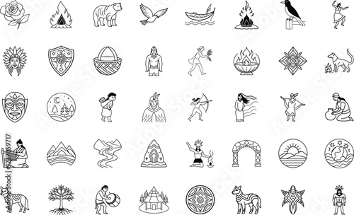 A collection of 40 minimalist line art illustrations depicting indigenous cultural elements animals, landscapes, people, and symbolic imagery. Black and white style.