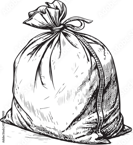 Bag Trash Garbage Sketch Drawing Linear Line Art Engraving Black and White Vector Illustration, Isolated