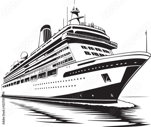 Cruise Ship Travel Transport Sketch Drawing Linear Line Art Engraving Black and White Vector Illustration, Isolated