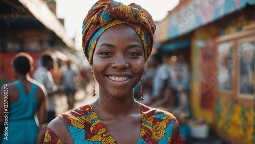 Wallpaper Mural Confident Black Woman in Vibrant Ankara Dress Smiling at Golden Hour Urban Market: Afrocentric Fashion with Beadwork, Graffiti Murals, and Warm Sunlit Cultural Pride Torontodigital.ca