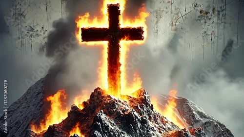 Flaming cross with spectacular lighting, religious and symbolic images, Easter