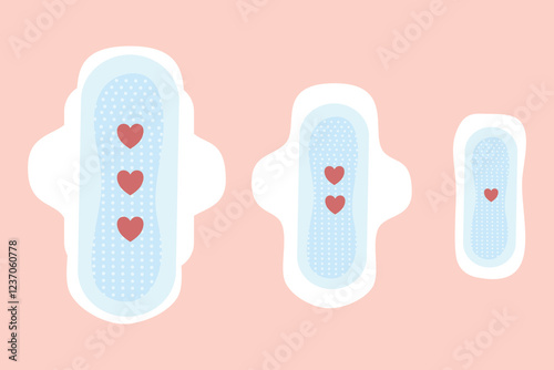 Bleeding Menstrual Period on Pad. Flat style design element set. Suitable for clip art, stickers, flat design illustration, etc