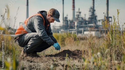 An environmental scientist collecting soil samples in a polluted area, with industrial facilities and testing equipment in the background, Field study scene
