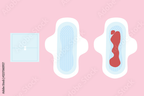 Menstrual pads set with blood inside. Flat style design element set. Suitable for clip art, stickers, flat design illustration, etc