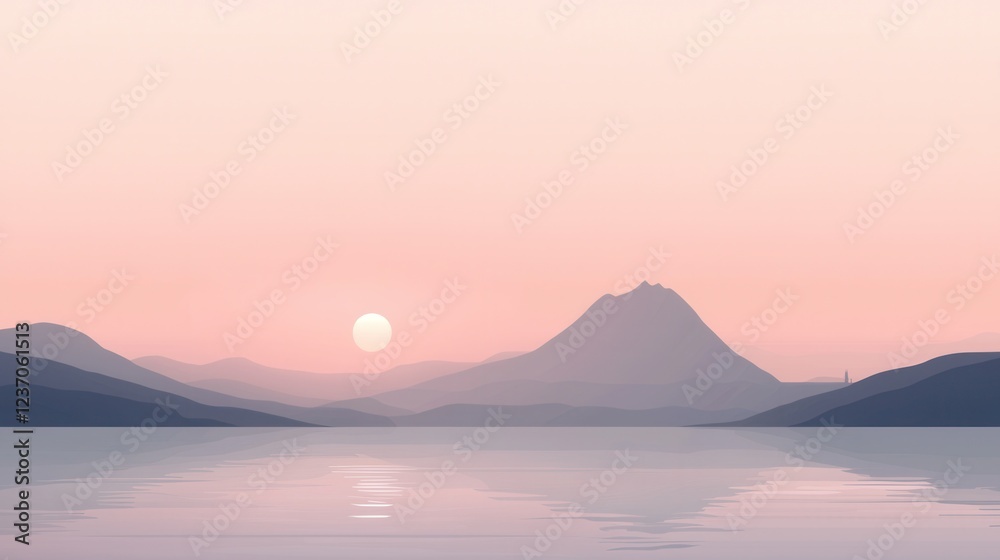 Landscape photograph of a mountain range at sunset. the sky is a soft pink color and the sun is partially visible in the top right corner. Landscape photograph of a mountain range at sunset. the sky is a soft pink color and the sun is partially visible in the top right corner.